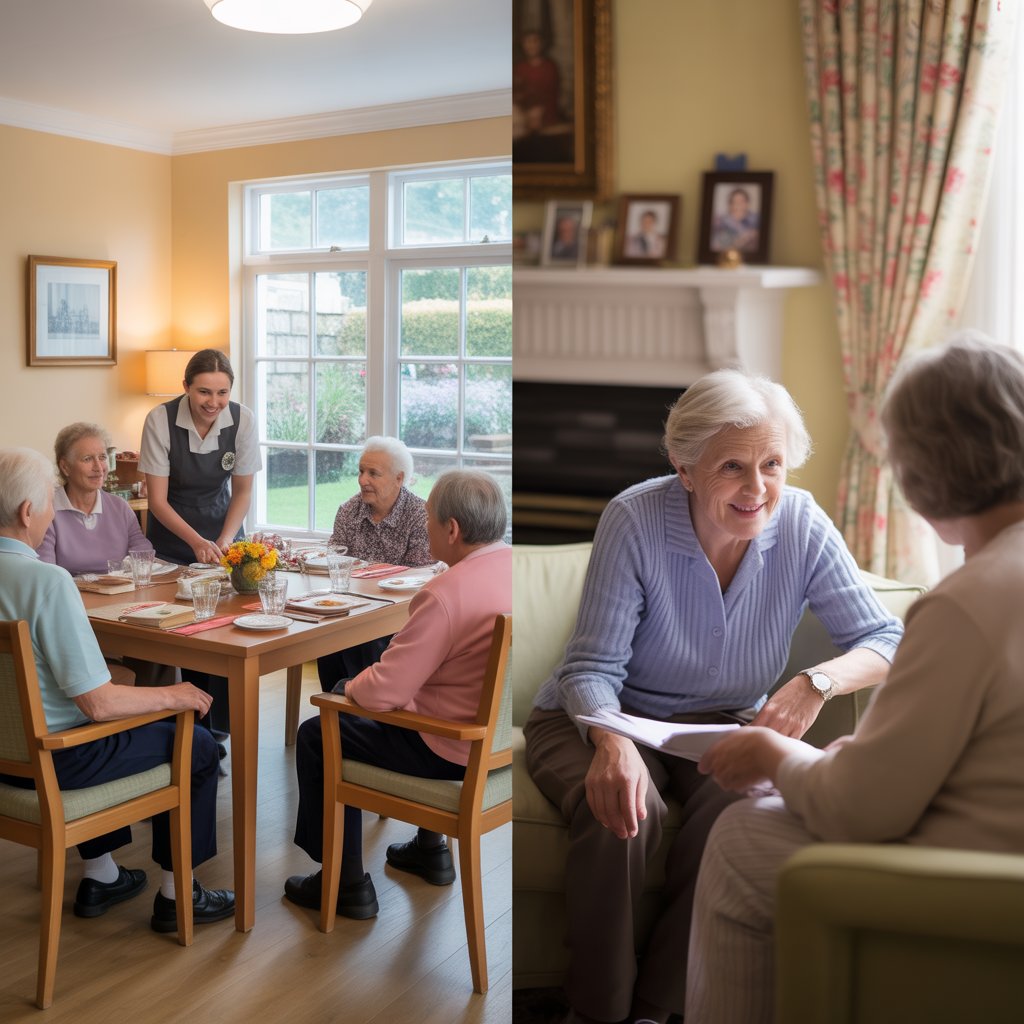 Assisted living social dining contrasted with private home care conversations for seniors in the UK
