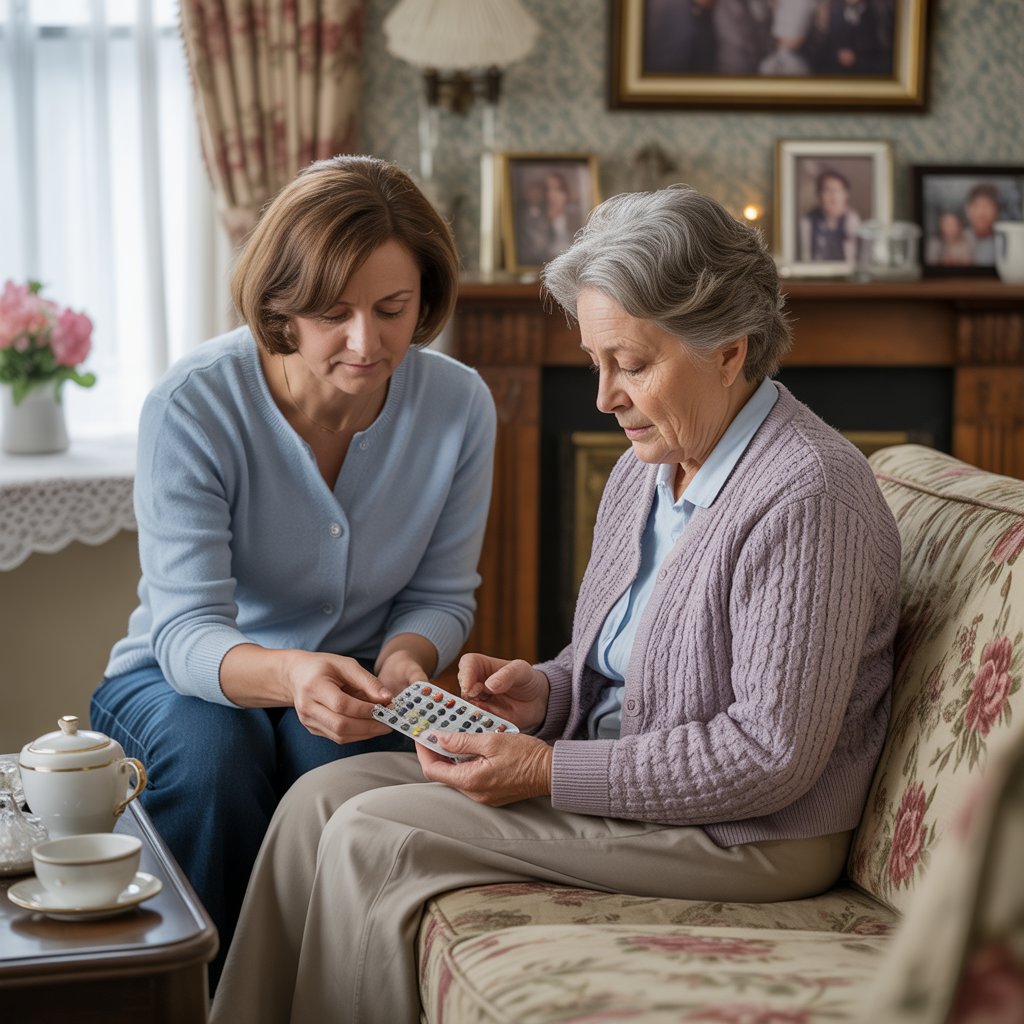 Caregiver and ageing parent discussing daily care needs in a home setting.