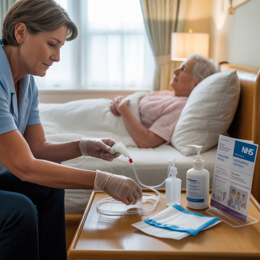 Demonstrating how to reduce catheter pain through careful hygiene, gentle handling, and calm reassurance in a UK home care setting.