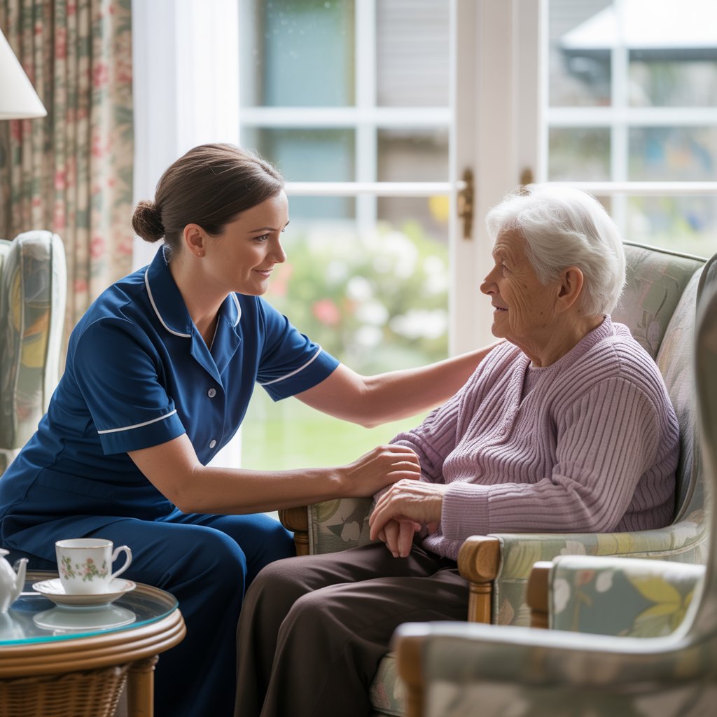 senior mental health support provided by a compassionate home carer offering emotional reassurance to an older woman