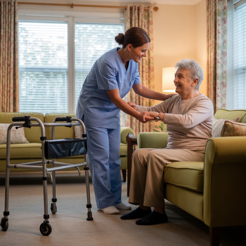 Post-operative care at home with a trained carer assisting an older adult during recovery in a familiar living space