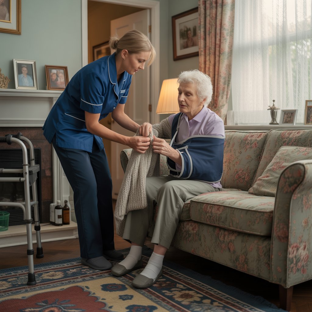 Help with daily activities after surgery as a home carer supports dressing and comfort for an elderly woman