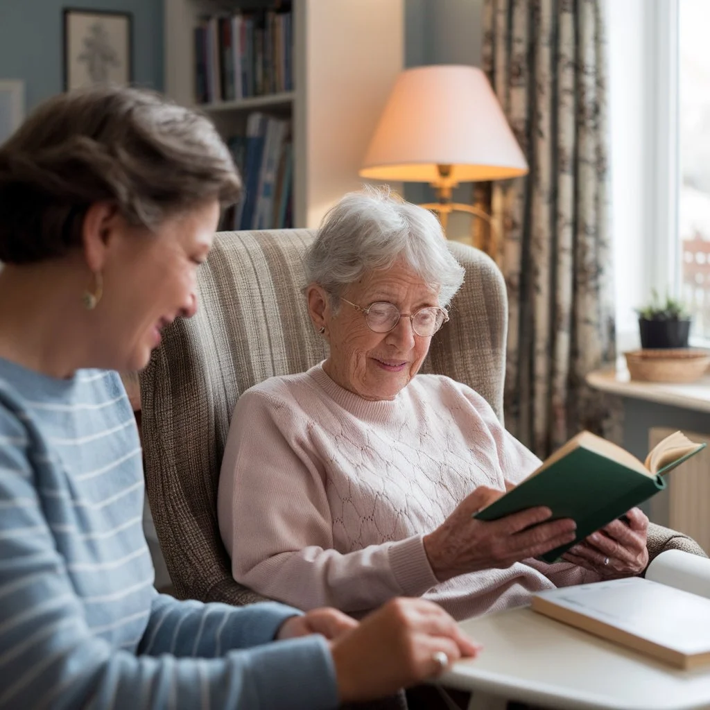 Shared reading time at home illustrating relaxed indoor activities for elderly at home that promote connection, mental stimulation, and wellbeing.