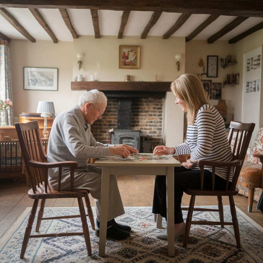 Calm seated pastime in a familiar living room, showing meaningful activities for homebound seniors that encourage routine and comfort without physical strain.