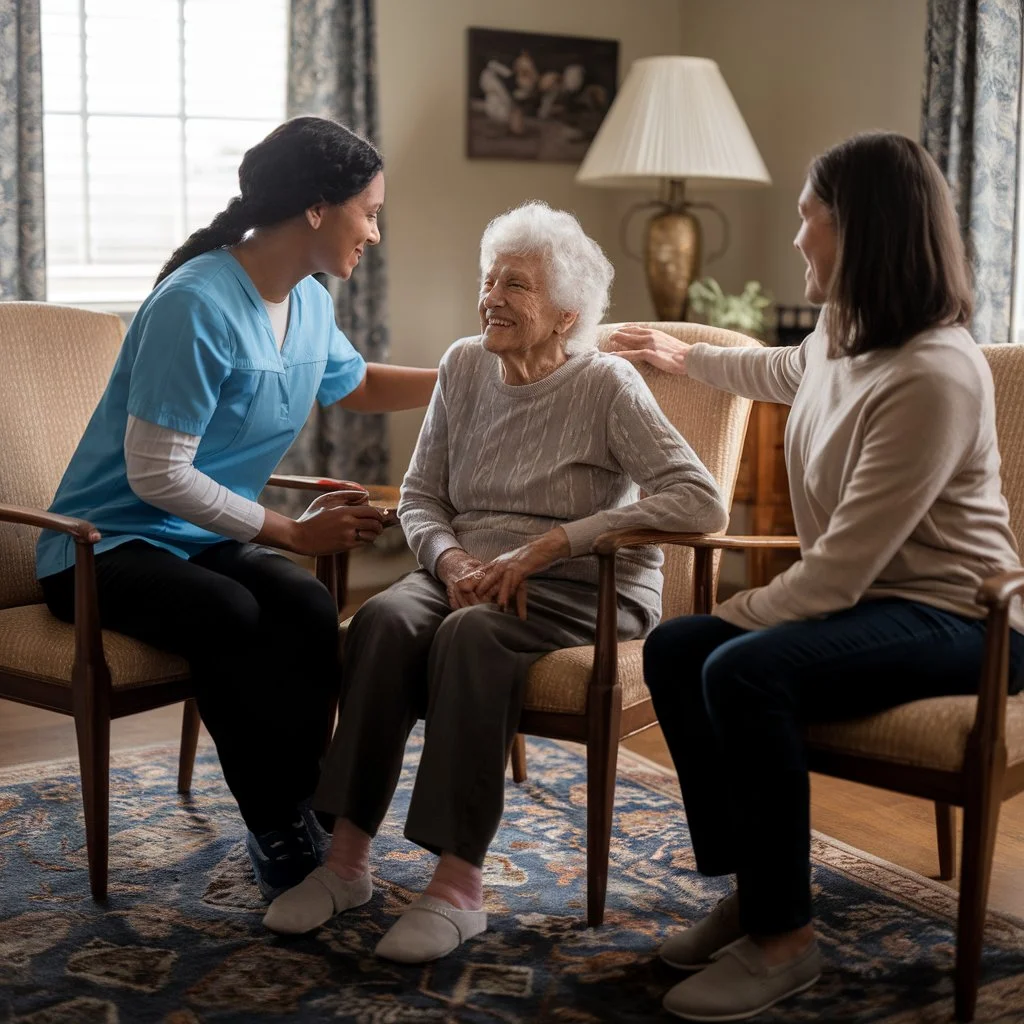 Shared care moment where professional and family support work together, representing mental health support for caregivers in a calm home environment.