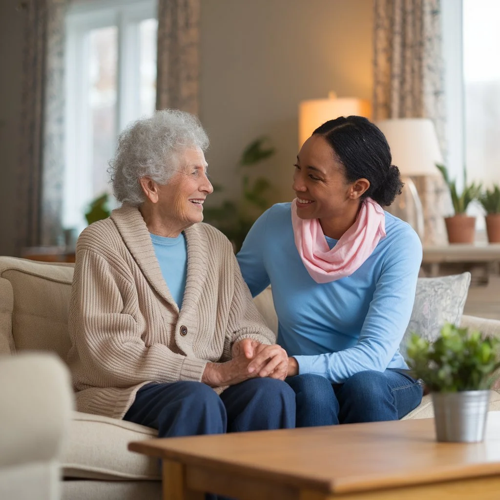 Elderly homecare services providing consistent emotional support through trusted caregiver interaction in a UK home setting