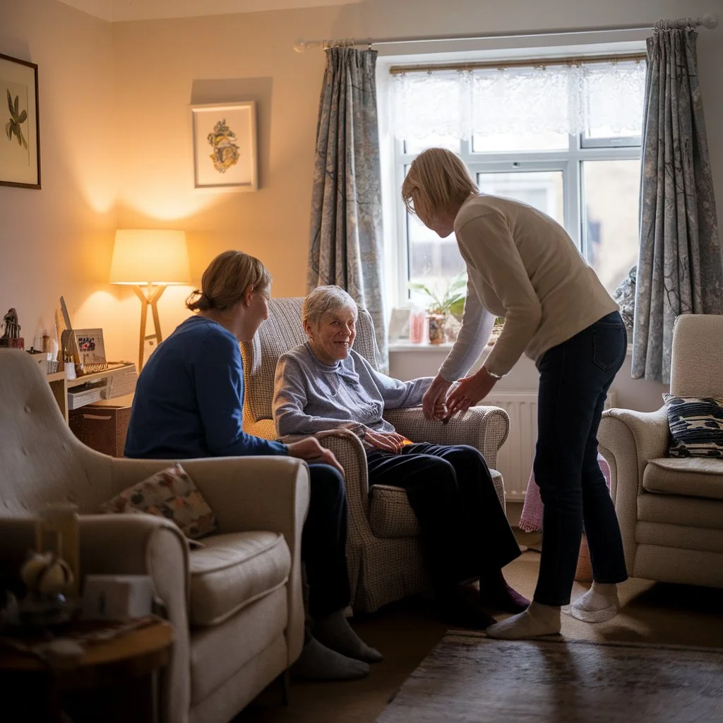 Elderly homecare family support demonstrated by multiple family members working together to provide comfort, conversation, and day-to-day care at home.