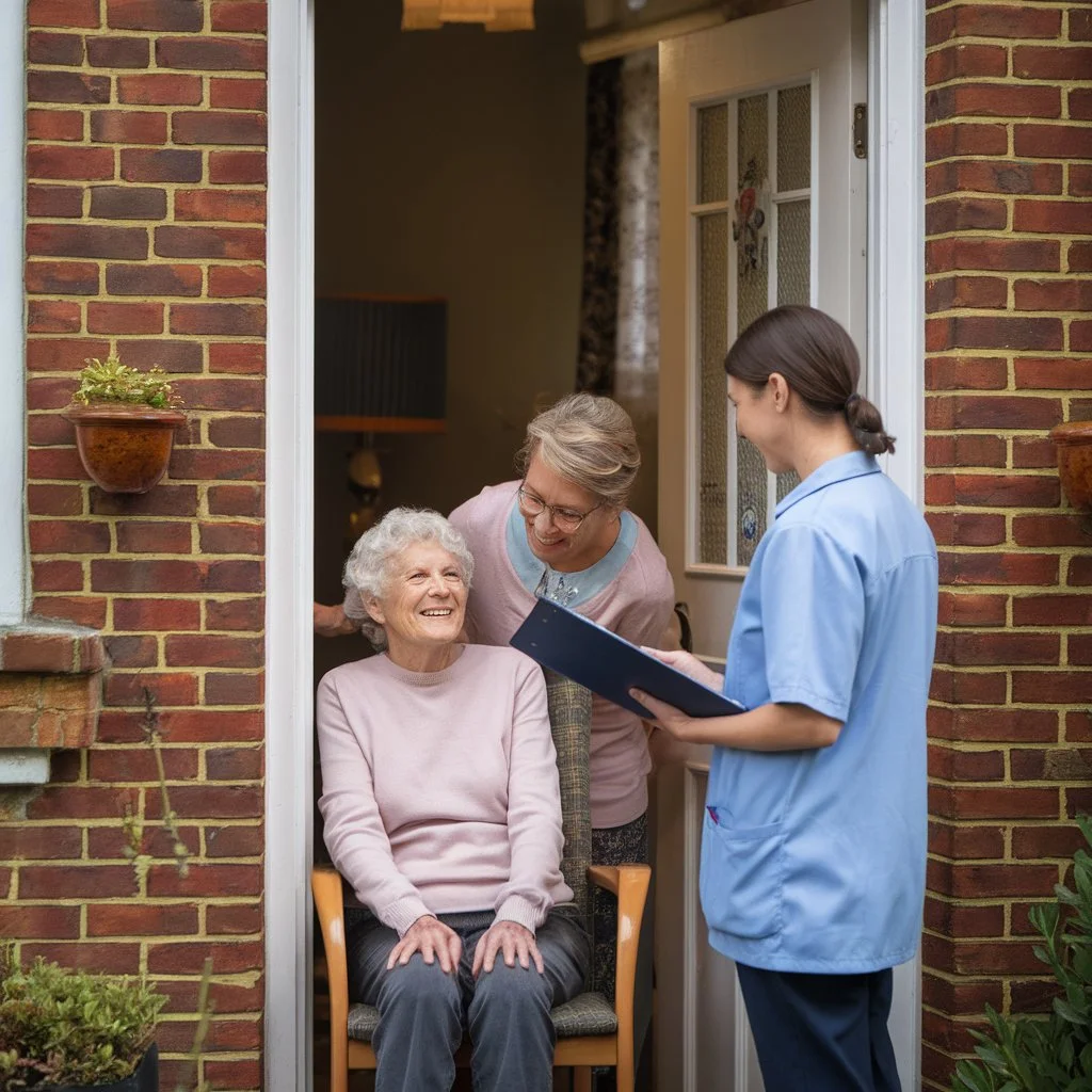 Elderly homecare myths challenged by a calm home visit where an older woman receives friendly, respectful support at her front door in the UK.