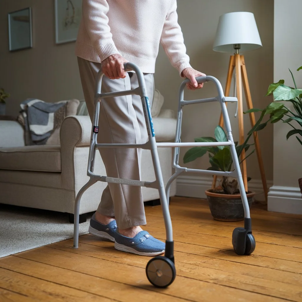 Managing chronic pain in elderly at home through gentle movement, showing an older adult using a walking frame safely in a calm home environment.