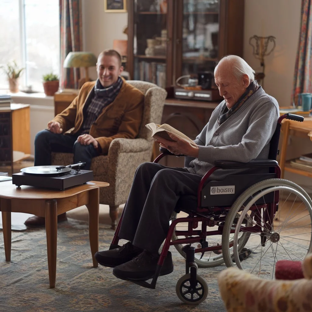 Home care support for chronic pain, showing an older man relaxing at home with family presence, supporting comfort, reassurance, and wellbeing.