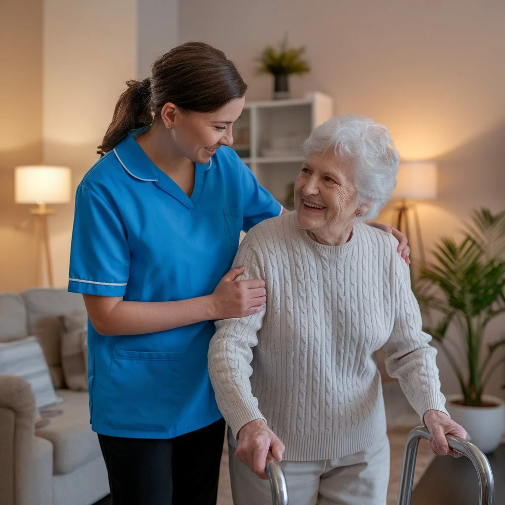 Care worker assisting an elderly woman with mobility indoors, supporting elderly home safety through supervised movement.