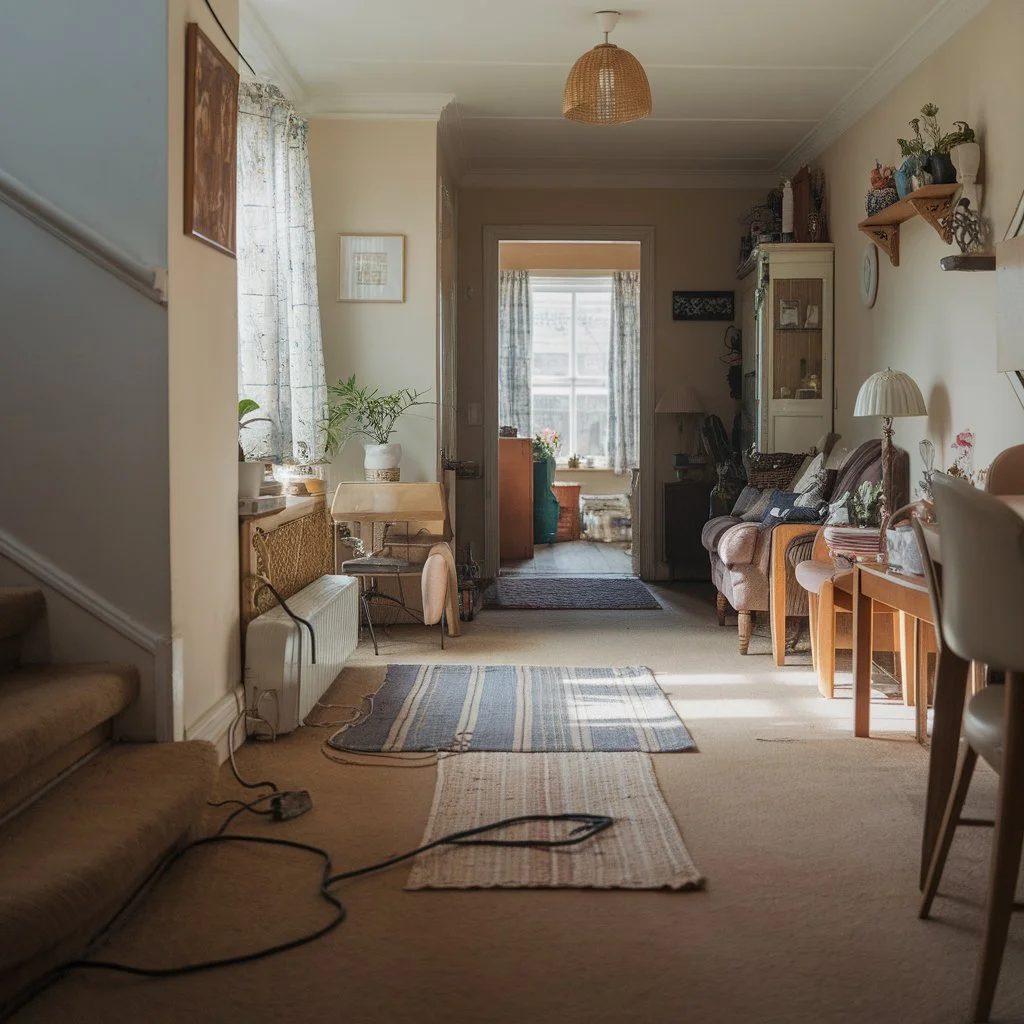 Living room showing trailing cables and narrow walkways, illustrating common household safety risks for seniors in the home.