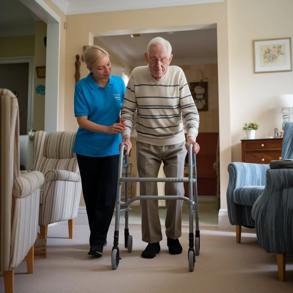 Professional carer supporting an elderly man with a walking aid as part of hip replacement home care at home