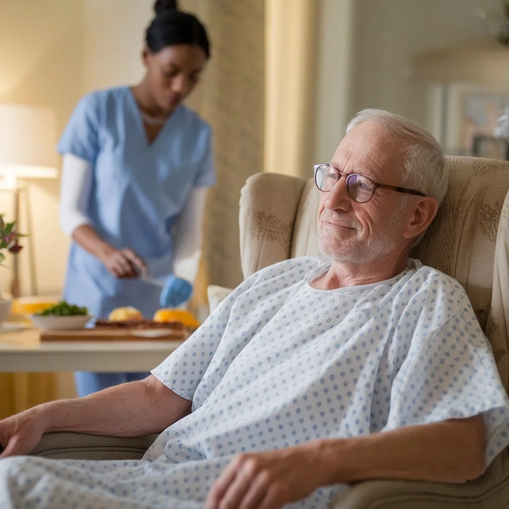 Elderly man resting comfortably at home while receiving care at home after hip replacement from a professional carer