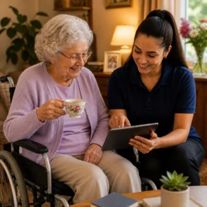 Elderly woman in a wheelchair sharing tea with a caregiver while reviewing a daily routine on a tablet in a comfortable UK home setting