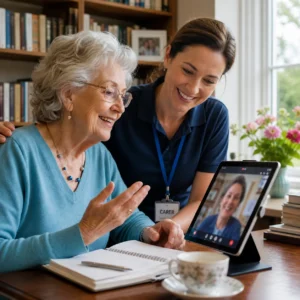 Elderly woman on video call with family while caregiver supports her at home UK