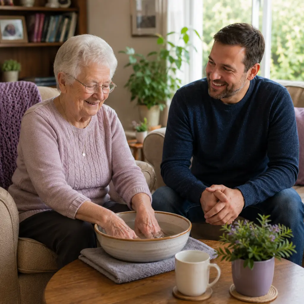 Elderly woman warms hands before exercises alongside supportive caregiver in comfortable home.