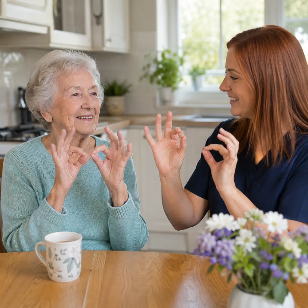 Elderly woman practices gentle finger exercises with supportive caregiver at kitchen table.