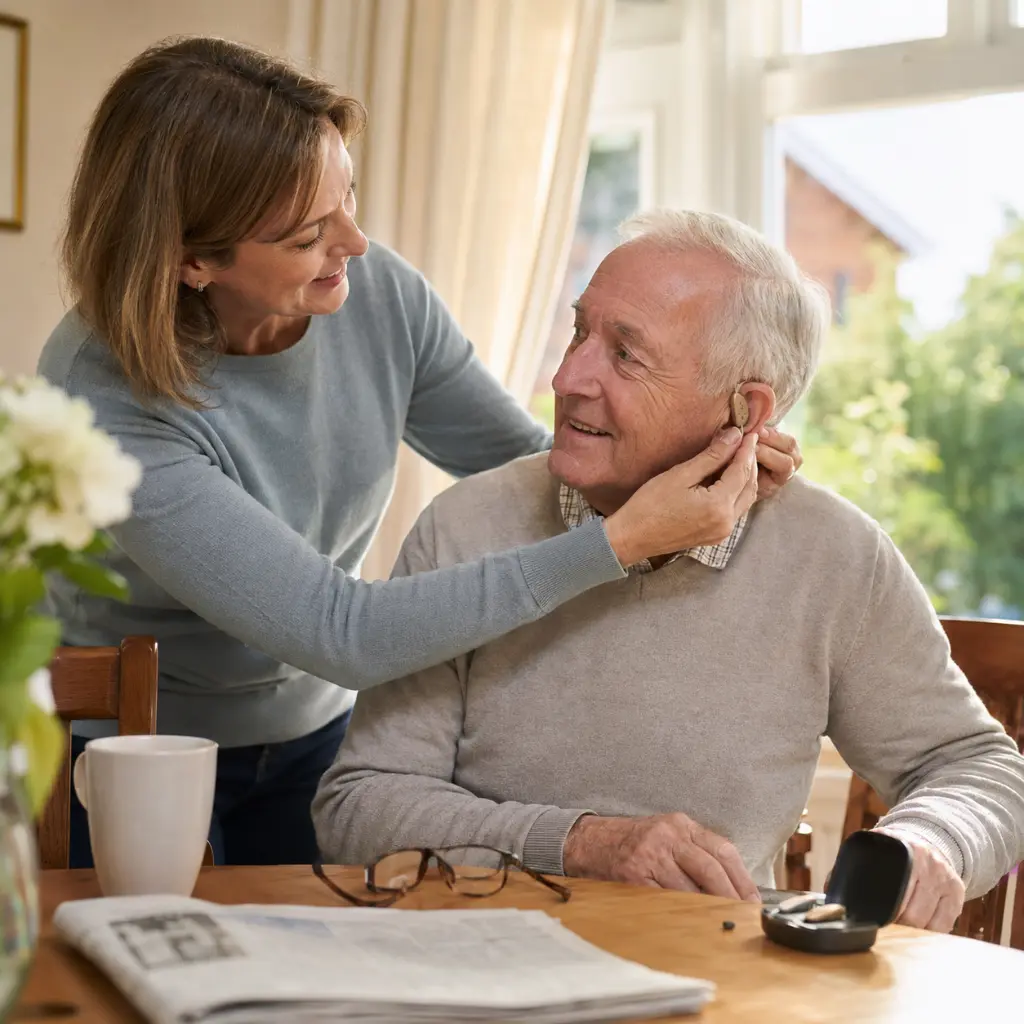 Older woman cleans hearing aid with home carer providing practical daily support.