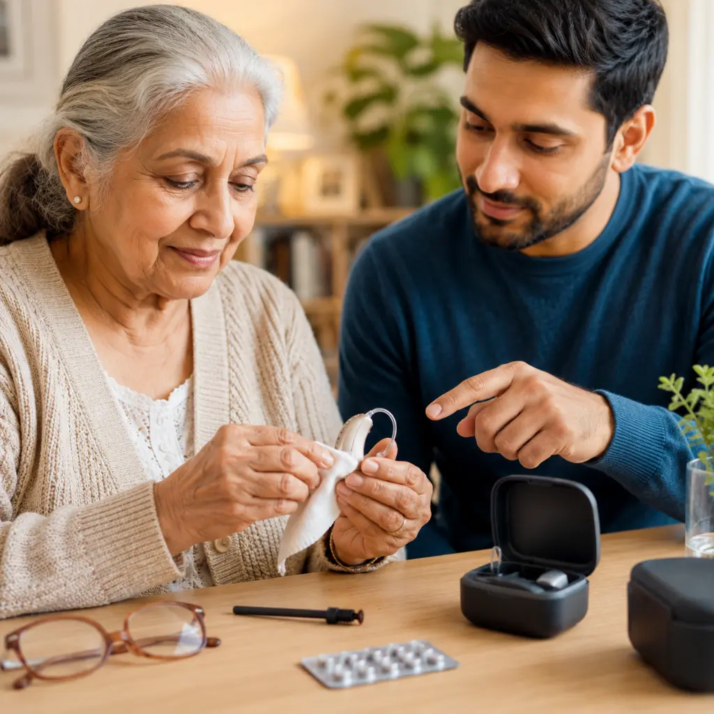 Home carer helps older man fit hearing aid before morning conversation together.