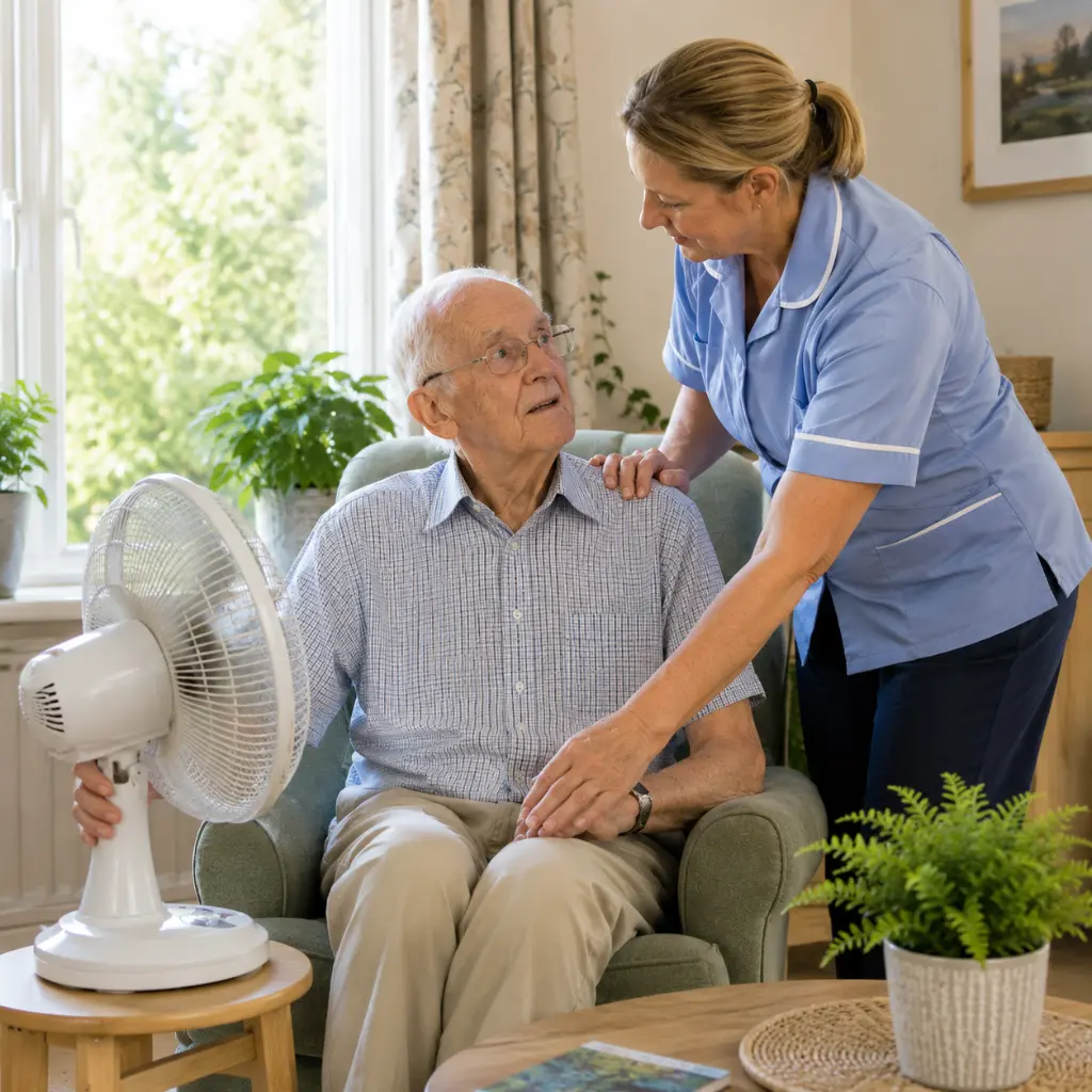 Daughter giving elderly father water while staying cool indoors
