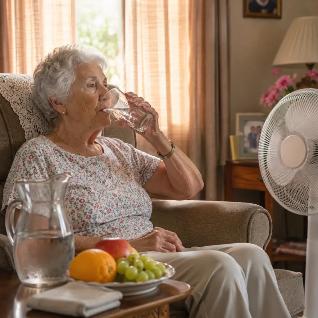 Home care worker supporting elderly man during hot weather safely
