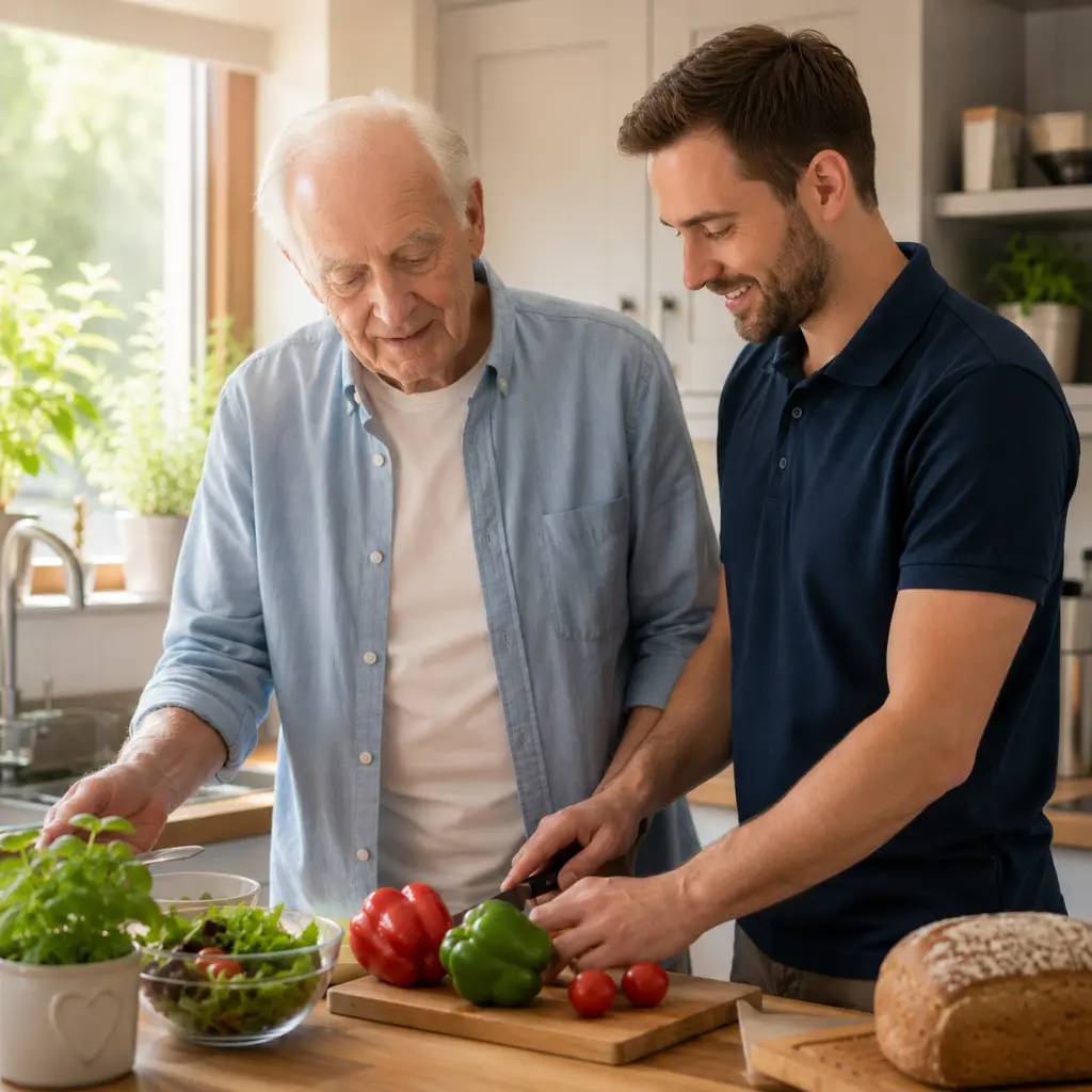 Elderly man preparing healthy meal alongside supportive carer in bright UK kitchen