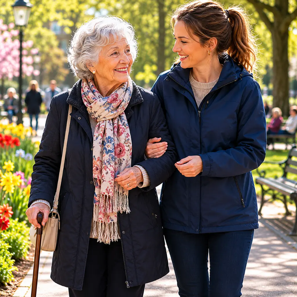 Older woman walking confidently with support worker through peaceful UK public park