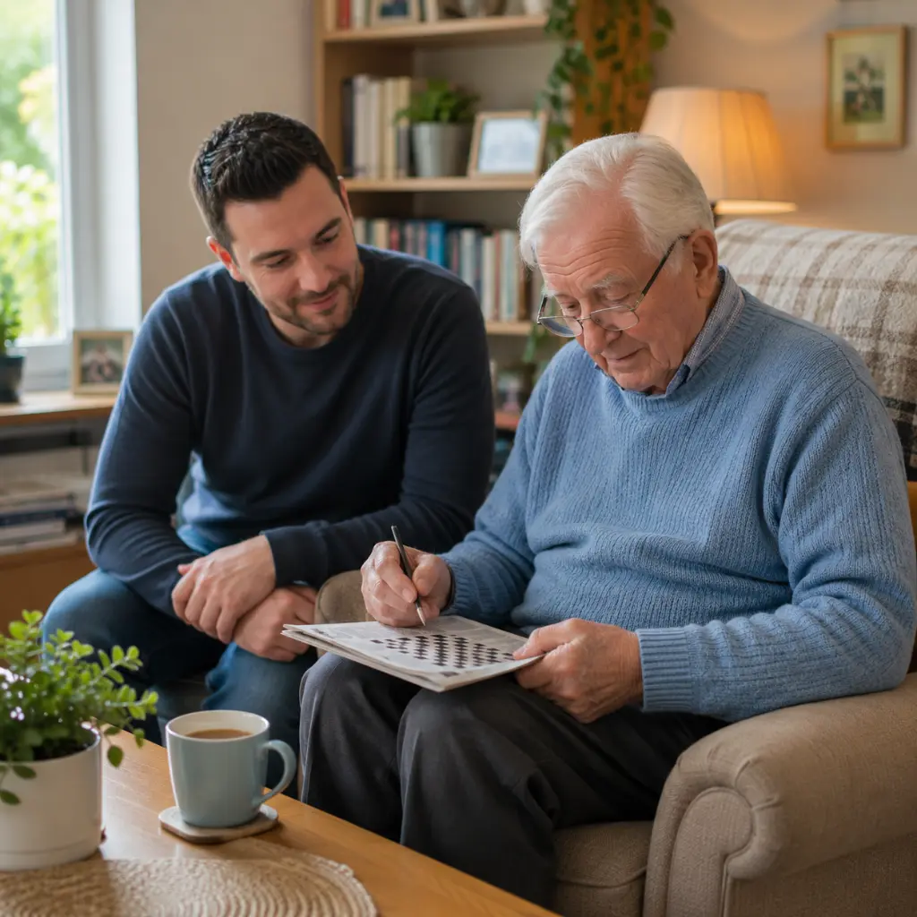 Elderly British man completes crossword alongside supportive home carer in comfort.