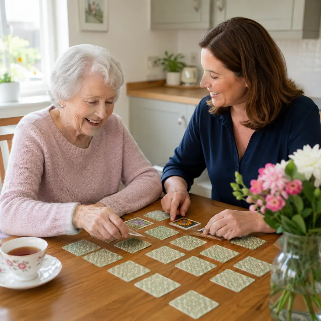 Elderly British couple shares family memories with caring home support worker together.