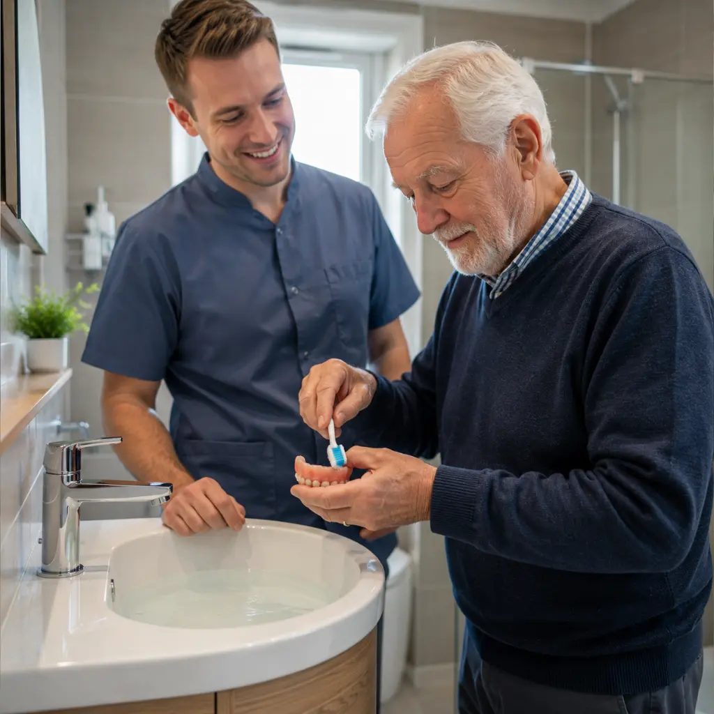 Elderly British man cleans dentures while caregiver offers friendly supportive guidance nearby.