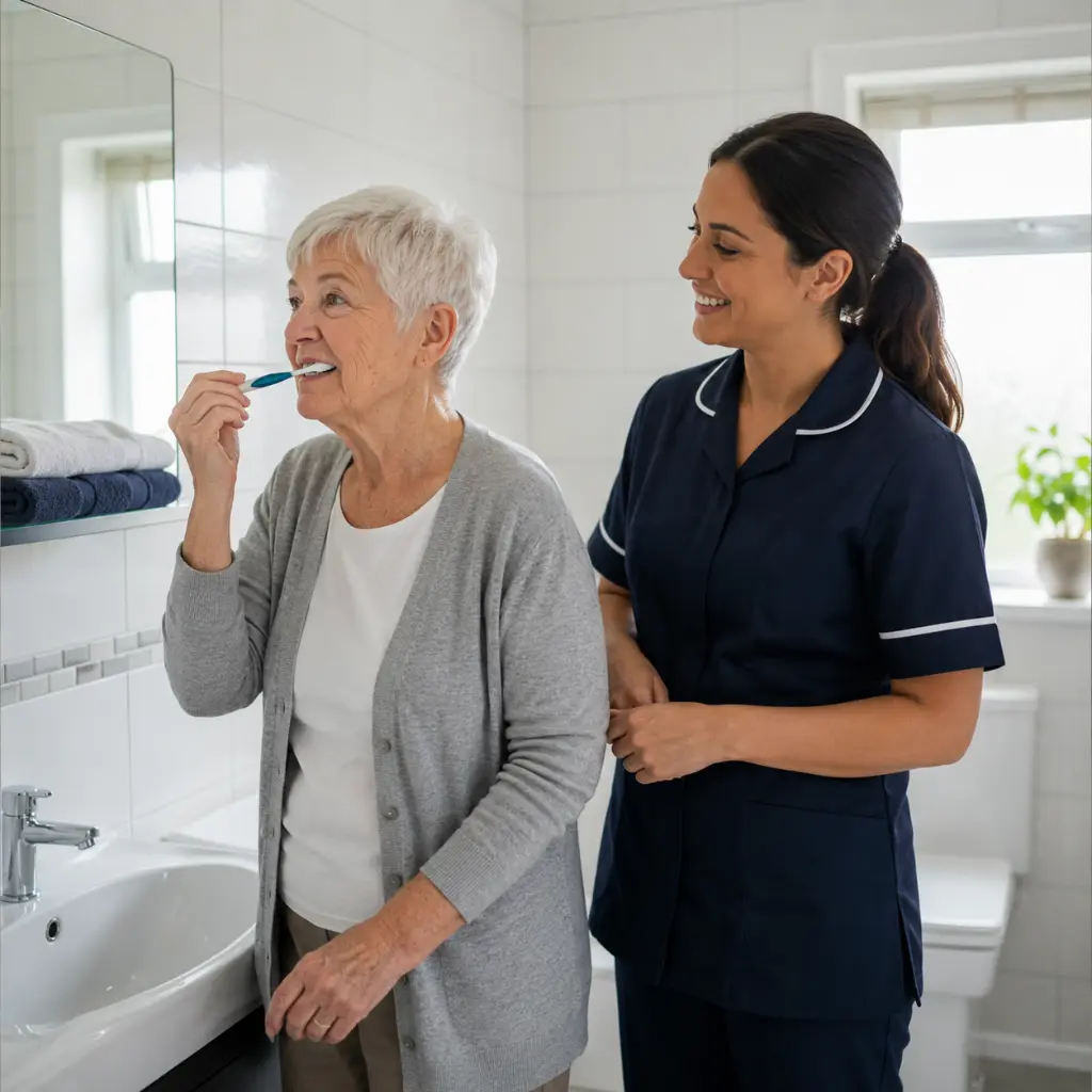 Elderly British woman brushes teeth while caregiver provides gentle morning support nearby.