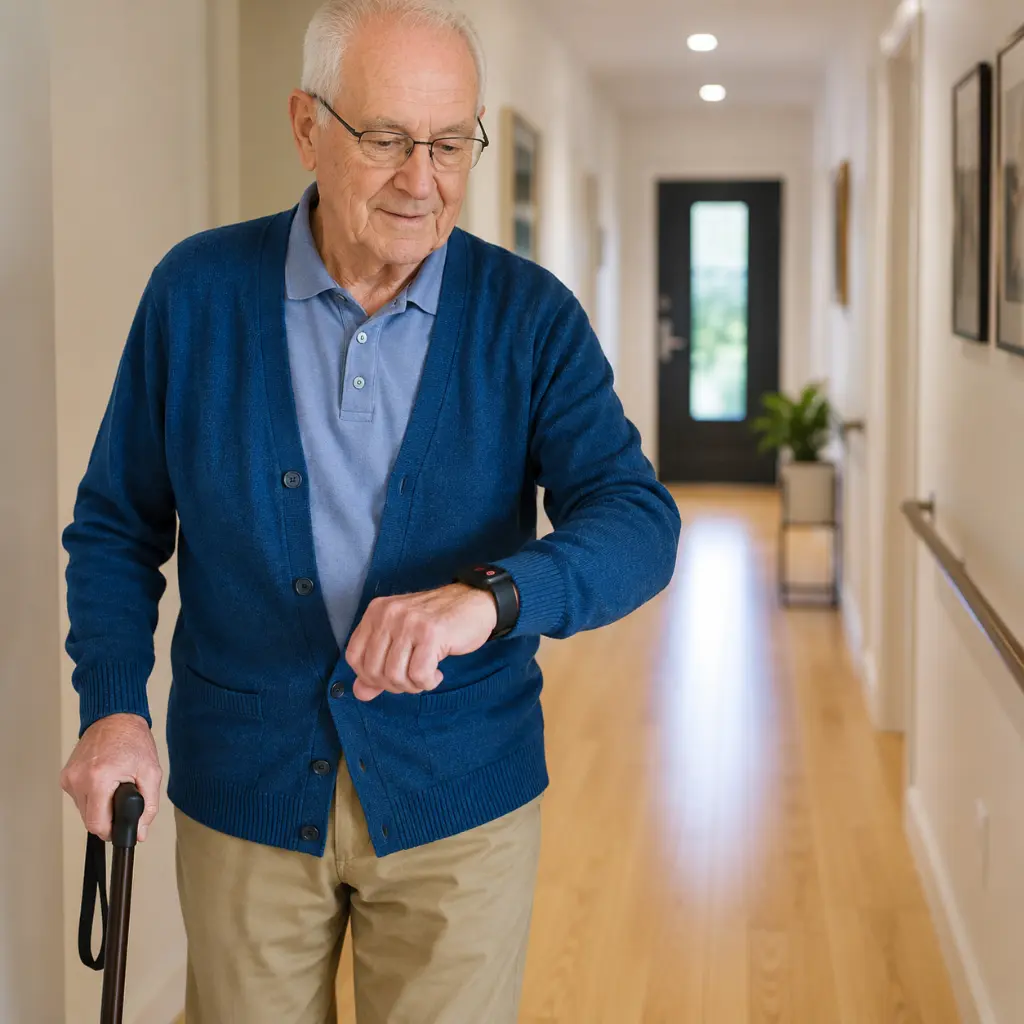 Elderly man using walking cane wearing smart fall detection wristband indoors
