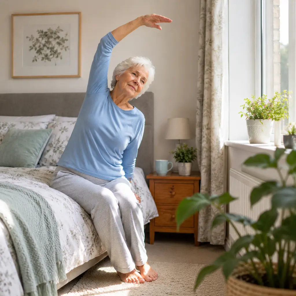 Senior woman practising gentle side stretch beside bed after waking