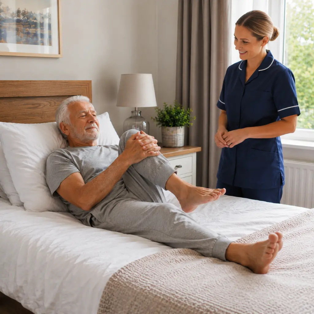 Older man stretching in bed with caregiver supporting morning mobility