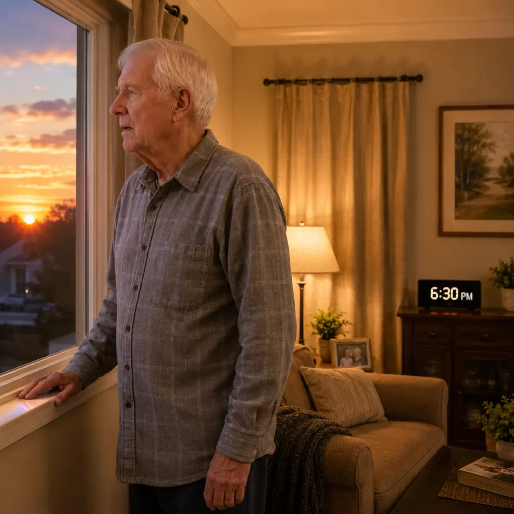 Night carer gently reassuring elderly woman wandering safely through illuminated hallway