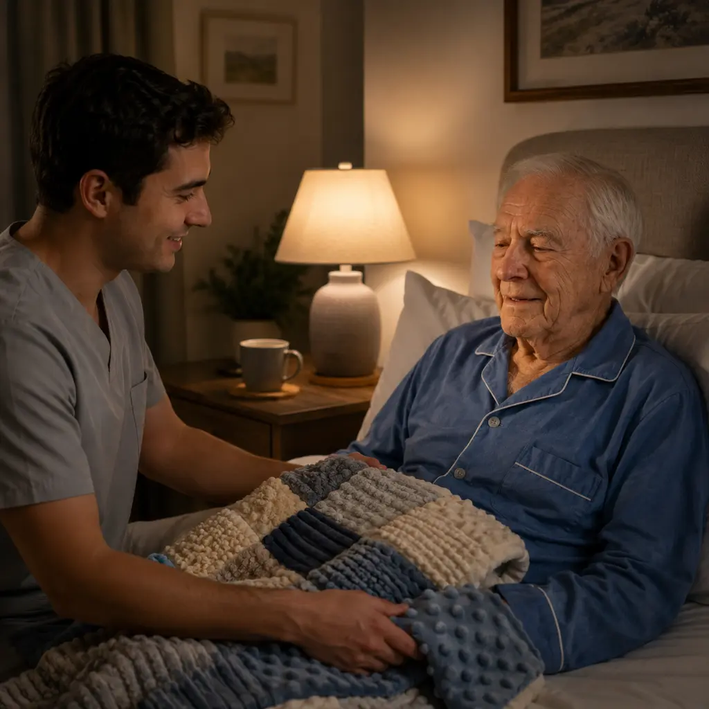 Male carer providing sensory blanket supporting calming bedtime dementia routine