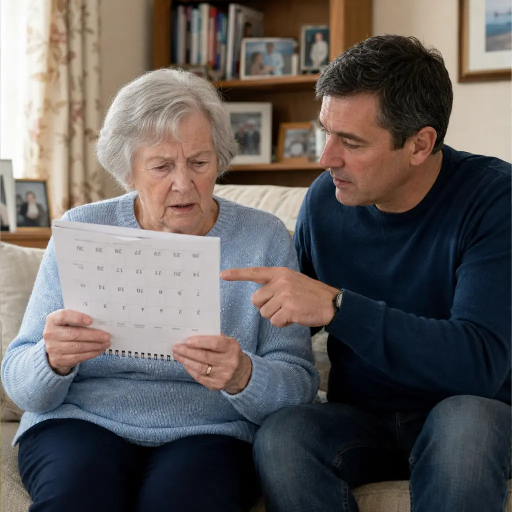 Concerned son helps confused elderly mother understand calendar in British home.