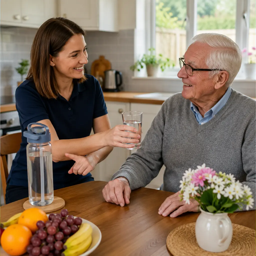 Carer encourages elderly man to drink water in bright British kitchen.