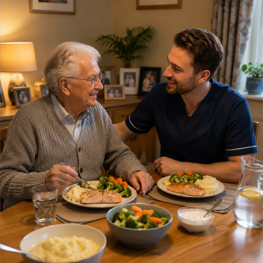 British caregiver serving nutritious breakfast to smiling elderly woman in comfortable home setting.