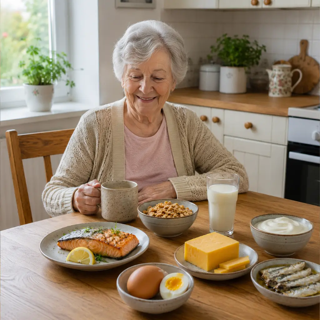 Healthy vitamin B12 foods displayed on wooden table inside modern British kitchen.